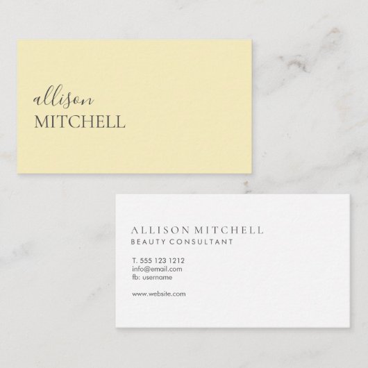 Minimale professionele moderne pasteelgeel visitekaartje (Voorkant / Achterkant)