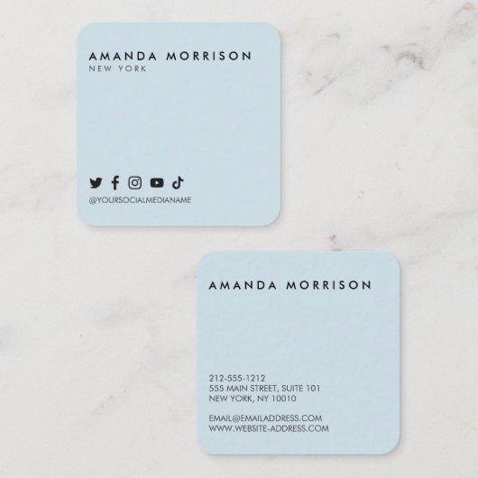 Minimale professionele sociale media Light Blue Vierkante Visitekaartje (Voorkant / Achterkant)
