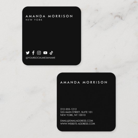 Minimale professionele sociale media zwart vierkante visitekaartje (Voorkant / Achterkant)
