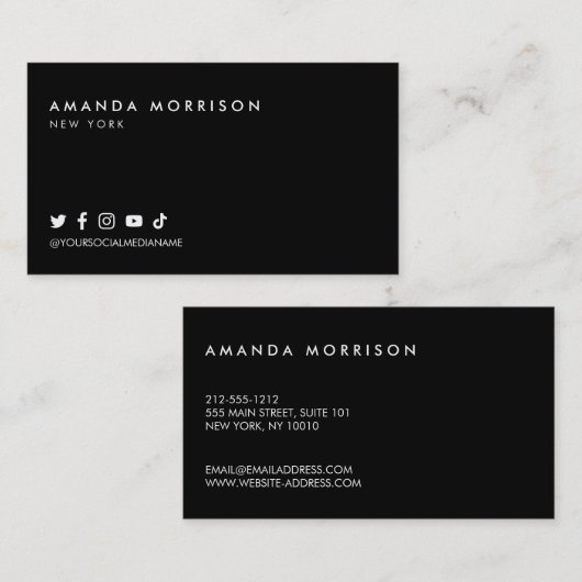 Minimale professionele sociale media zwart visitekaartje (Voorkant / Achterkant)