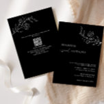 Minimale QR-code Black Floral Line Art Wedding Kaart<br><div class="desc">Moderne en minimalistische uitnodiging voor een zwarte en witte bruiloft met elegante kalligrafie en een ontwerp voor lijnenbloem met meer gedetailleerde informatie op de achterkant.</div>