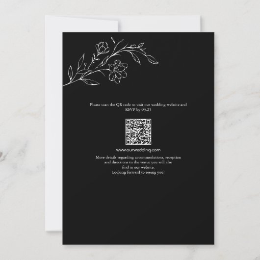 Minimale QR-code Black Floral Line Art Wedding Kaart (Achterkant)