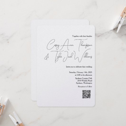 Minimale QR-code bruiloft uitnodiging parel shimme (Voorkant / Achterkant in situ)