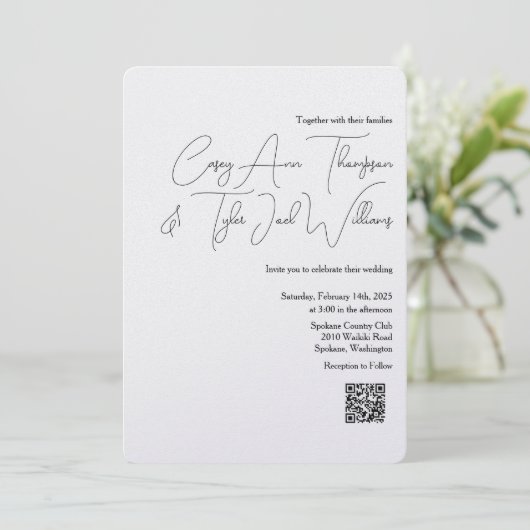 Minimale QR-code bruiloft uitnodiging parel shimme (Staand voorkant)