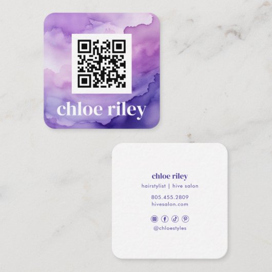 Minimale QR-code Paarse Waterverf Vierkante Visitekaartje (Voorkant / Achterkant)