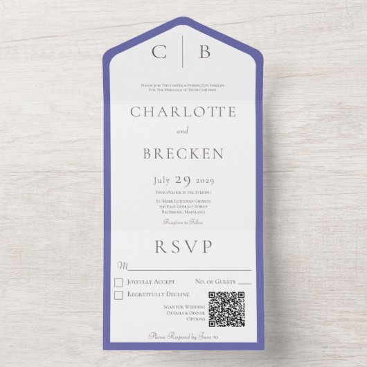Minimale QR-code periwinkle & White Monogram All In One Uitnodiging (Binnen)
