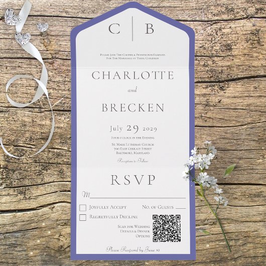 Minimale QR-code periwinkle & White Monogram All In One Uitnodiging