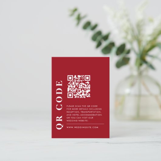 Minimale QR-code Rood & Wit Bruiloftsdetails Foto Informatiekaartje (Staand voorkant)