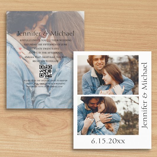 Minimale QR-code RSVP 3 foto's Bruiloft uitnodigin