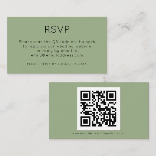 Minimale QR-code Sage Green Wedding RSVP Informatiekaartje (Voorkant / Achterkant)