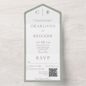 Minimale QR-code Sage Green & White Monogram All In One Uitnodiging (Binnen)