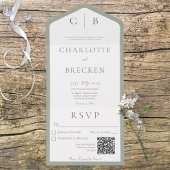 Minimale QR-code Sage Green & White Monogram All In One Uitnodiging