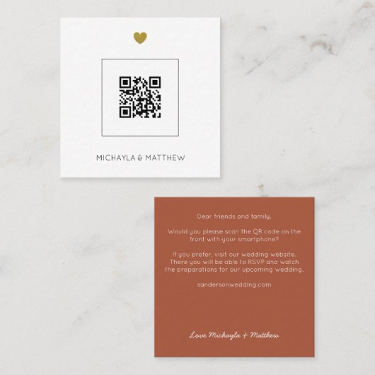 Minimale QR-code Terracotta Wedding Invite Vierkante Visitekaartje (Voorkant / Achterkant)