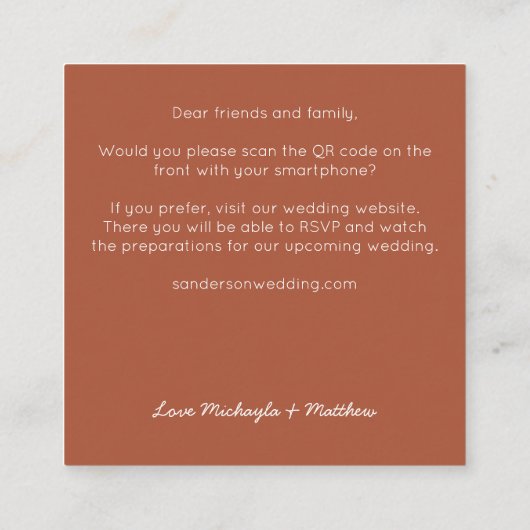 Minimale QR-code Terracotta Wedding Invite Vierkante Visitekaartje (Achterkant)