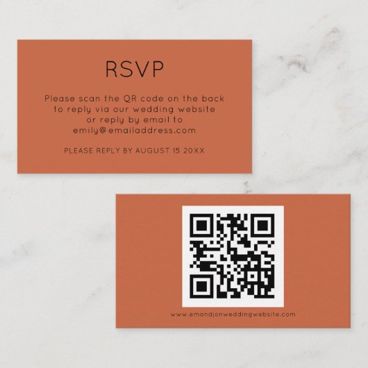 Minimale QR-code Terracotta Wedding RSVP Informatiekaartje (Voorkant / Achterkant)