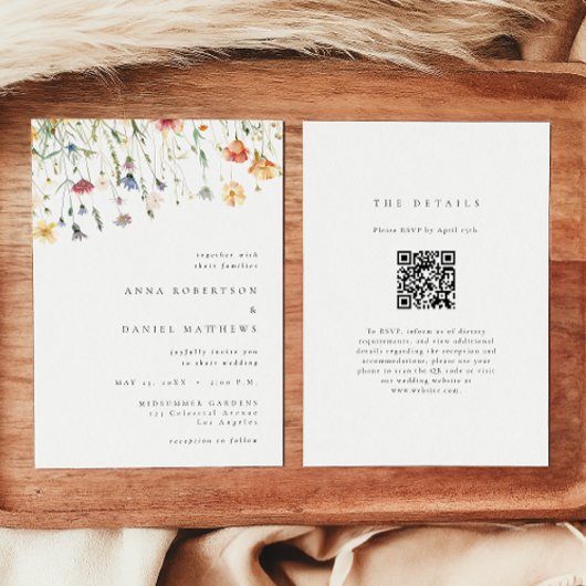 Minimale QR-code trouwkaart met wilde bloemen Kaart