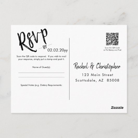 Minimale QR Code Wedding Event RSVP van script Briefkaart (Achterkant)