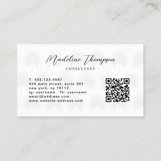 Minimale QR Code White Anahaw Leaf Script Monogram Visitekaartje (Achterkant)
