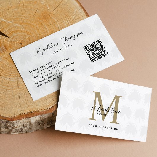Minimale QR Code White Anahaw Leaf Script Monogram Visitekaartje
