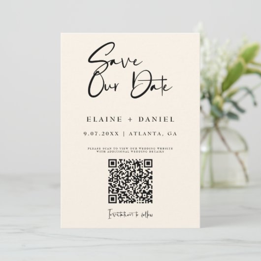 Minimale QR-codefoto voor script Save The Date (Staand voorkant)