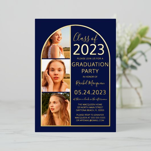 Minimale Real Gold Foil Blue Arch Photo Afstuderen Folie Uitnodiging (Staand Voorkant)