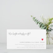 Minimale Red Heart Script Couples Shower Bedankkaart (Staand voorkant)