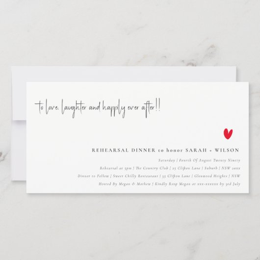 Minimale Red Heart Script Rehearsal Dinner nodigt Bedankkaart (Voorkant)