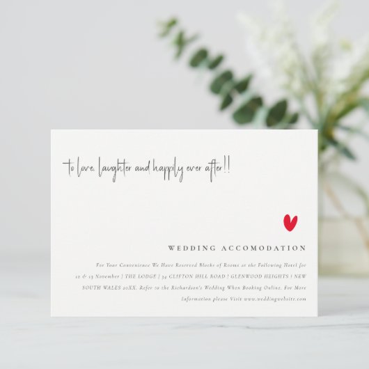 Minimale 'Red Heart Script Wedding Accommodatie' Informatiekaartje (Staand voorkant)