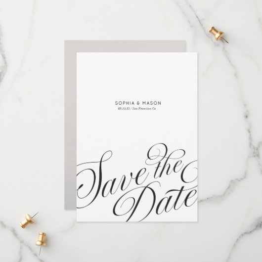 Minimale redactionele script calligrafie foto save the date (Voorkant / Achterkant in situ)