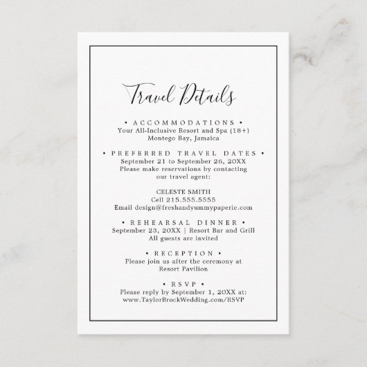 Minimale reisgegevens over bruiloft op bestemming informatiekaartje (Voorkant)