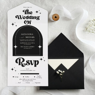 Minimale Retro Arch Black en White Wedding All in One Uitnodiging