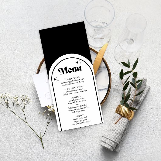 Minimale Retro Arch Black en White Wedding Menu