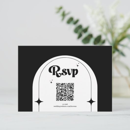 Minimale Retro Arch Black en White Wedding RSVP Ca (Staand voorkant)