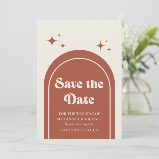 Minimale retro Arch Terracotta Wedding Save The Date (Staand voorkant)