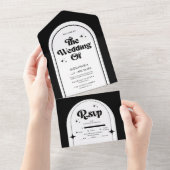 Minimale Retro Arch Zwart en Wit Bruiloft All In One Uitnodiging (Afscheurbaar)
