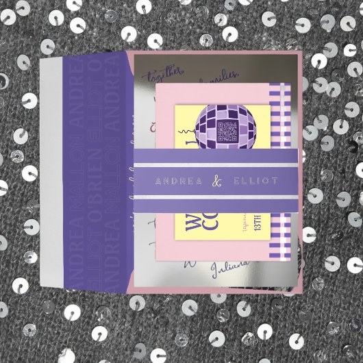 Minimale Retro Disco Paarse & Zilveren Huwelijk Uitnodigingen Wikkel