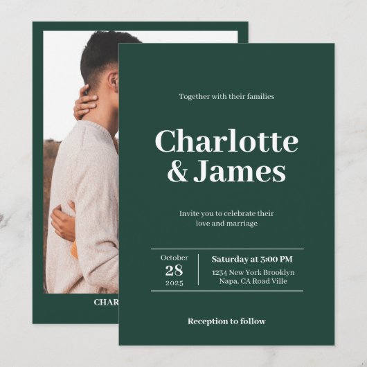 Minimale Retro Groene Moderne Fotoscript Bruiloft Kaart (Voorkant / Achterkant)