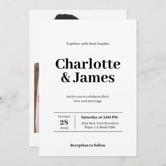 Minimale retro Moderne bruiloft met fotoscript Kaart (Voorkant / Achterkant)