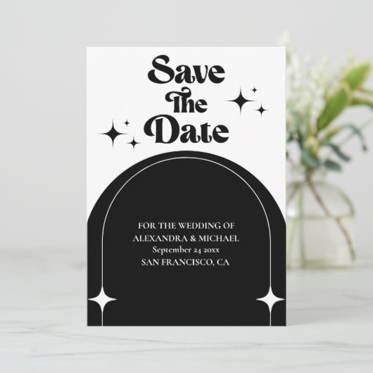 Minimale Retroboog zwart-wit Save The Date (Staand voorkant)