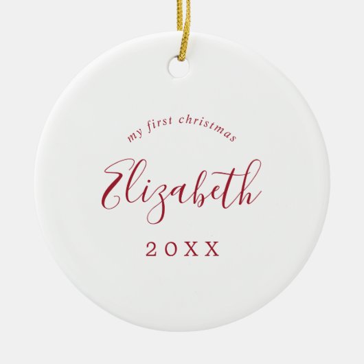 Minimale Rode Baby's eerste kerstpasgeboren foto Keramisch Ornament (Voorkant)