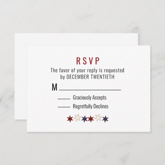Minimale rode blauwe sterren RSVP kaartje (Voorkant / Achterkant)