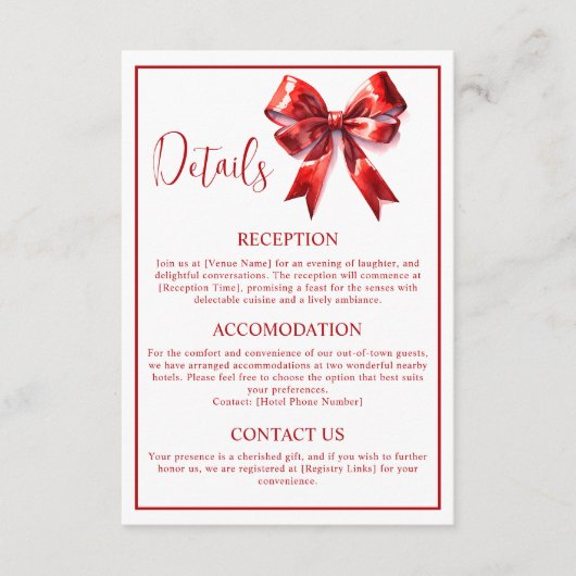 Minimale rode Coquette Bow Ribbon bruiloft Informatiekaartje (Voorkant)