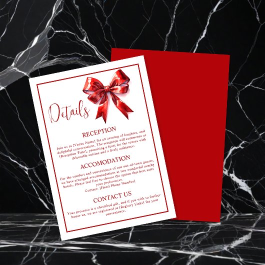 Minimale rode Coquette Bow Ribbon bruiloft Informatiekaartje