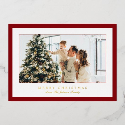 Minimale Rode Rand Foto Elegant Kerstmis Folie Feestdagenkaart (Voorkant)