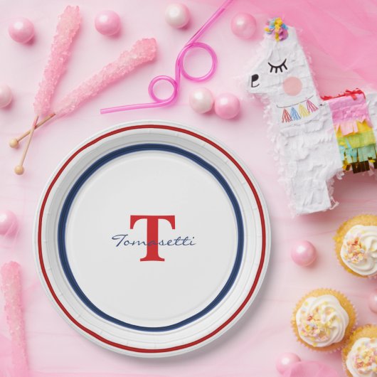 Minimale rode rode witte en blauwe cirkels papieren bordje (Feest)