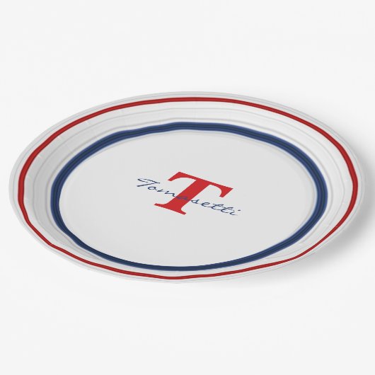 Minimale rode rode witte en blauwe cirkels papieren bordje (Gekanteld)