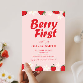 Minimale Rode Roze Aardbei Bes Eerste Verjaardag Kaart