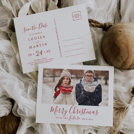 Minimale Rode Vrolijk Kerstmis Bewaar de Datum Fot Feestdagenkaart