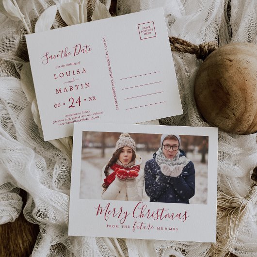 Minimale Rode Vrolijk Kerstmis Bewaar de Datum Fot Feestdagenkaart