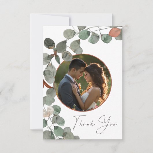 Minimale Roest Groene Eucalyptus Krans Foto Huweli Bedankkaart (Voorkant)